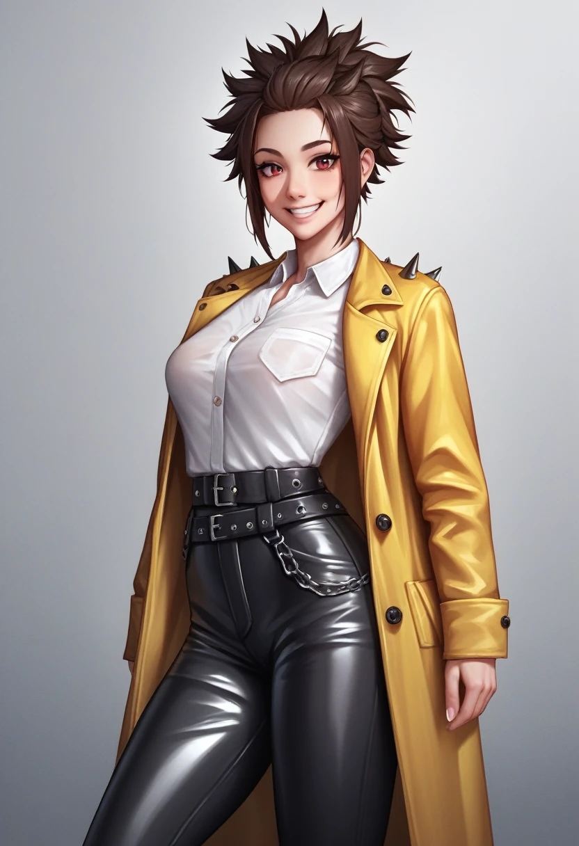 ((adult)), (woman), ((tall)), masterpiece, best quality, dark aura, brown hair, ((updo hair)), (((messy spiked hair))) ,dark red eyes, plain white shirt, Yellow coat, black pants, ((leather waist pack)), (faint smile), realistic anime style, oil painting, slums background, night.
