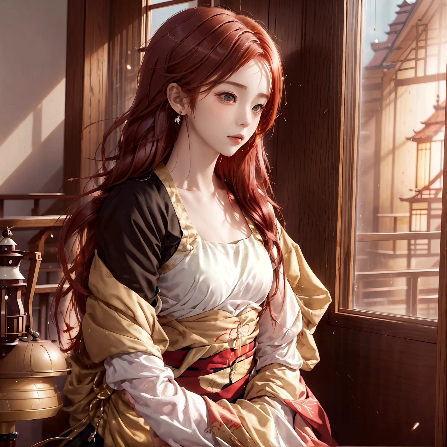 Best work: A beautiful woman with red hair sits and works in a beautifully decorated Japanese-style coffee shop. Looking out the window Where it's raining See a view of a small town full of warmth Color tones provide inspiration for work.