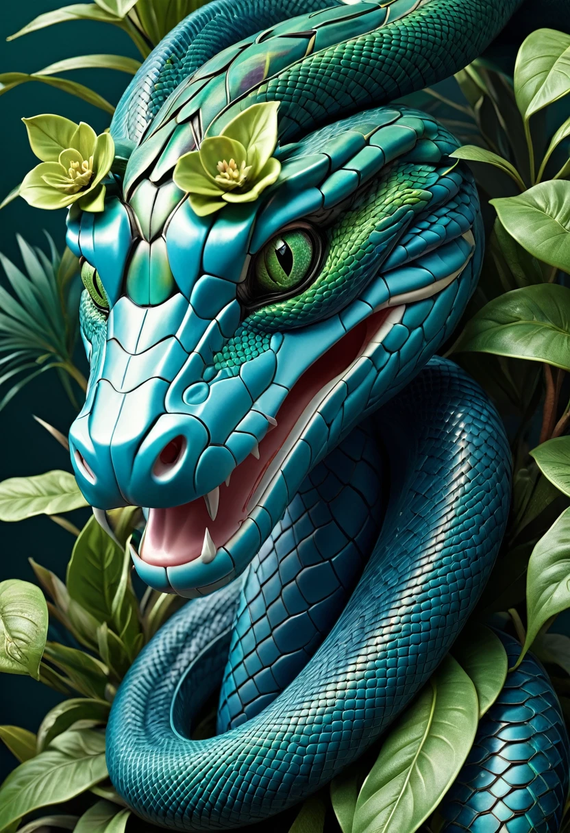 Mechanical snake head,lifelike,Anthropomorphic snakes,Character setting,Ultra-detailed graphics,Delicate face,8K,magazine cover,Floral background decoration,Strong color contrast,Darker color,Blue, green and white