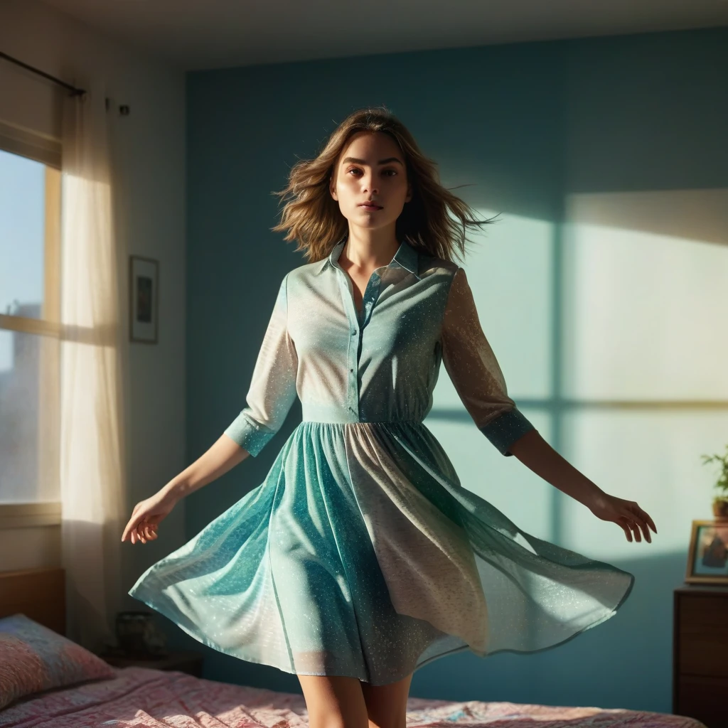 medium shot, (best quality of photo:1.3), aesthetic abstract art, (floating:1.3), a pretty girl with type of fabrics in spare room with fabrics decoration, (colorful:1.2), glass, wearing shirt dress, detailed face and hands, realistic hair, dramatic, cinematic lighting, shadow on her, rays, realistic object, realistic girl, realistic skin, realistic dress, motion blur, ultra highly detailed, sharp focus, dynamic composition, shot by sony a9 with 100mm lens f/5.4, midjourney v6 photorealistic