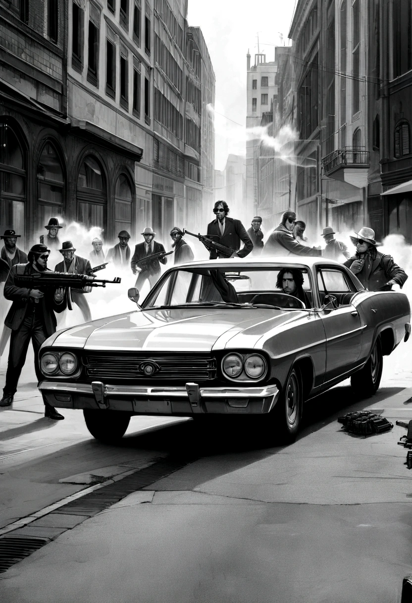 (realistic image, rich in details) war, civil war, in the middle of the city, large buildings, fight between gangs, gangsters from the 70s, machine guns, vintage cars, 70s, rival groups, exchange of shots, explosive scenery, explosion , smoke, monochromatic, gray scales, shades of gray.