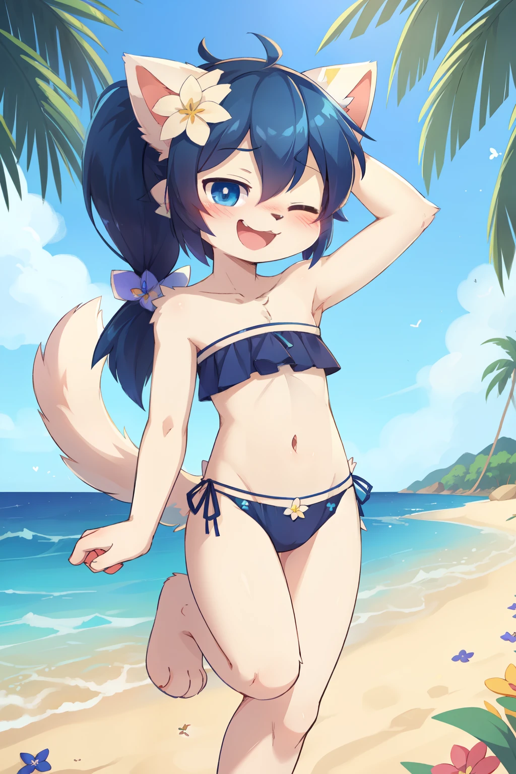 score_9,score_8_up,score_7_up, source_cartoon, source_furry, cat boy, cat tail, dark blue hair, hair over one eye, high long ponytail with volume, furry, blush, looking at viewer, smile, 1boy, cat ears, furry male, white body fur, ((flower on hair, dark blue strapless fringed bandeau bikini)), beach, clear sky, blue eyes, blush, shy, navel, femboy, uperbody, standing, hands on hips,