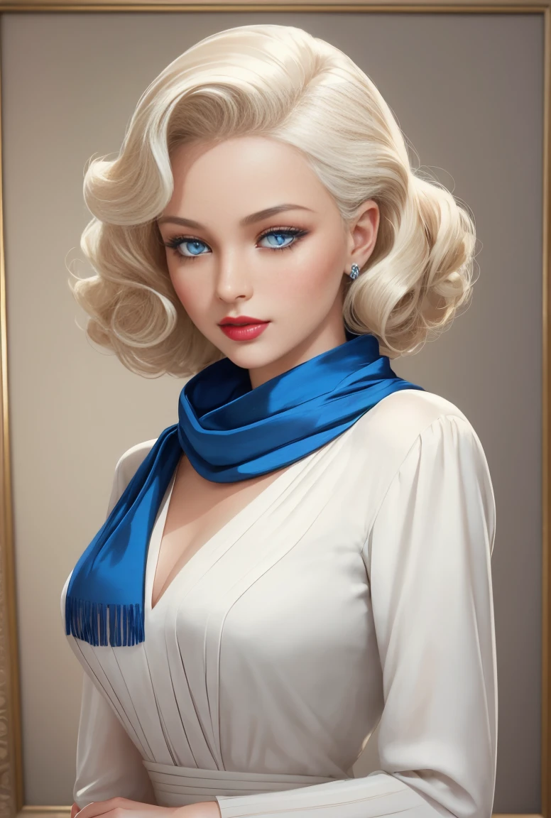 A digital painting or illustration of a woman with classic Hollywood glamour. She is portrayed with platinum blonde curls, bright blue eyes, striking red lipstick, and an elegant white blouse with a high neck scarf, evoking a sense of vintage fashion and timeless beauty. The artistic elements include a smooth complexion, soft lighting, and subtle shading that contribute to the overall polished and serene aesthetic.