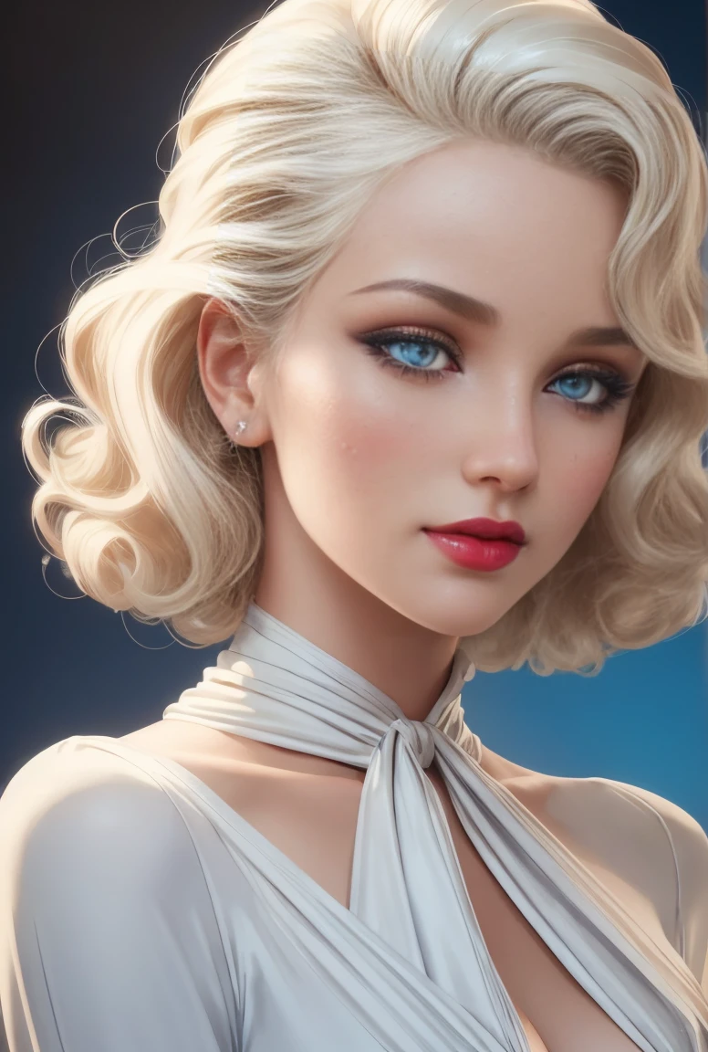 A digital painting or illustration of a woman with classic Hollywood glamour. She is portrayed with platinum blonde curls, bright blue eyes, striking red lipstick, and an elegant white blouse with a high neck scarf, evoking a sense of vintage fashion and timeless beauty. The artistic elements include a smooth complexion, soft lighting, and subtle shading that contribute to the overall polished and serene aesthetic.