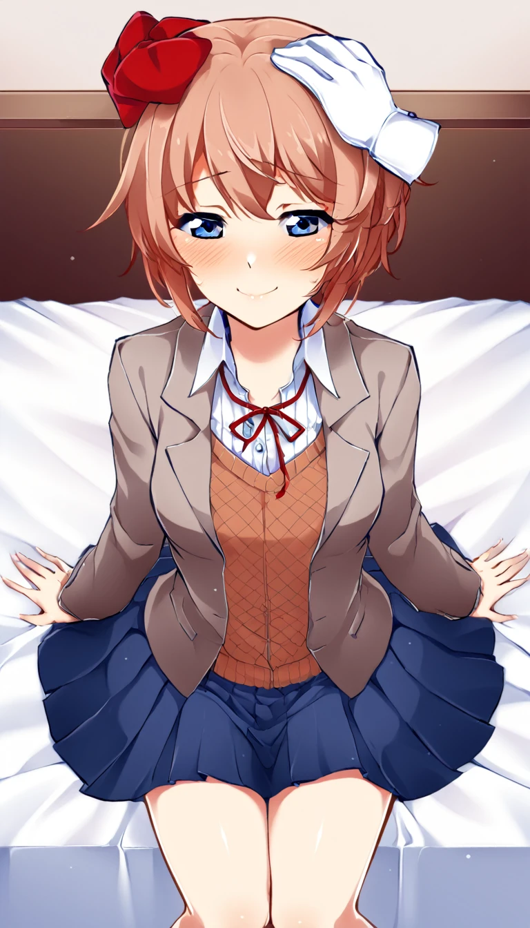 one girl, Sayori, DDLC, Doki Doki Literature Club , light blue eyes, my best friend, feel happy, (I stroke her head gently), I praise her, I cherish her, (my hand on her head), girl look at me, blush, lovely, from above, sitting on bed, my girlfriend