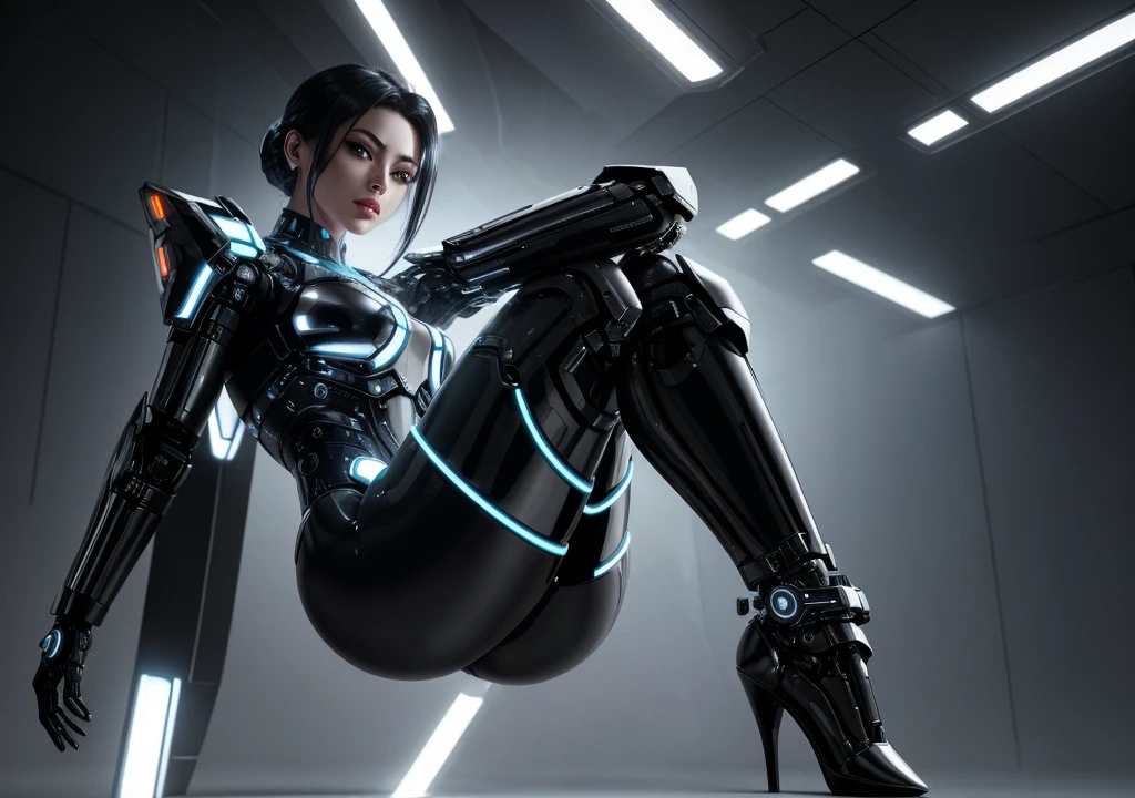 ```
Positive prompt: "Create a full-body image of a futuristic female cyborg with an elegant and sophisticated design. She is an adult woman, exuding both strength and grace. Her overall appearance should blend advanced technology with human-like features. Her body is a seamless integration of sleek metallic components and organic elements, showcasing advanced cybernetic enhancements. She is facing forward, and her entire body, including both arms and legs, is visible from head to toe.
Her facial features are refined and expressive, with lifelike eyes that convey intelligence and depth. Her hair, though artificial, has a realistic and stylish appearance, possibly incorporating metallic strands or futuristic elements.
Her attire should be a combination of futuristic armor and stylish clothing, reflecting her advanced nature. The design should highlight her agility and power, with sleek lines and a streamlined silhouette. Consider incorporating elements such as illuminated circuits, advanced interfaces, or holographic displays integrated into her outfit.
The color palette can include metallic silvers, deep blues, and hints of neon accents. The background should be a dark, futuristic interior with soft, ambient lighting to emphasize the advanced technology. The overall style should be hyper-realistic with intricate details.
Ensure the image shows her full body from head to toe, with both arms and legs clearly visible. Use a portrait aspect ratio to capture the entire figure. Specify 'full body shot' and 'entire body' to emphasize the need for a complete view. Make her appearance more mechanical and robotic, with visible gears, wires, and metallic textures throughout her body. Include details about her shoes or feet, such as 'wearing sleek metallic boots'."
Negative prompt: "cropped, out of frame, deformed, disfigured, poorly drawn face, poorly drawn hands, poorly drawn feet, blurry, low quality, bad anatomy, missing arms, missing legs, extra limbs, extra arms, ext