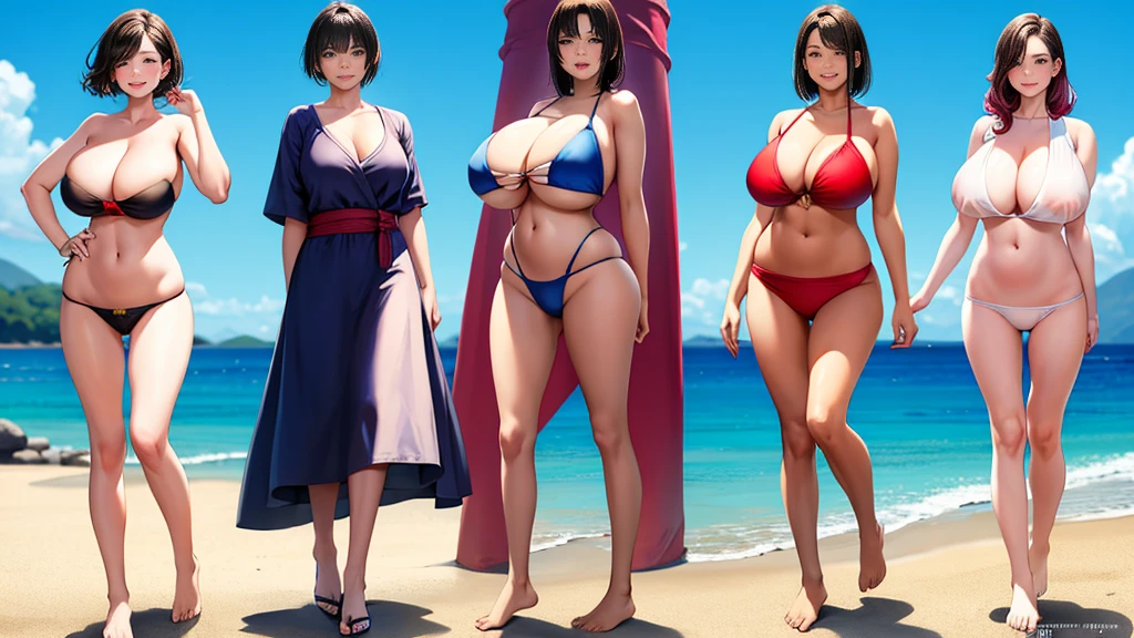 (smile)、To the camera、22-year-old、Photograph the whole body,Beautiful four woman walking on the seaside)、short hair and Long brown hair fluttering in the wind、(Big Breasts:1.5)、The best proportions、Bikini Swimwear、Photorealistic、4K、Different Hairstyle、Facial Variations、((Head to toe shot))、((Women around a bonfire)),daylight,japanese,Guitar,Photograph from head to toe,