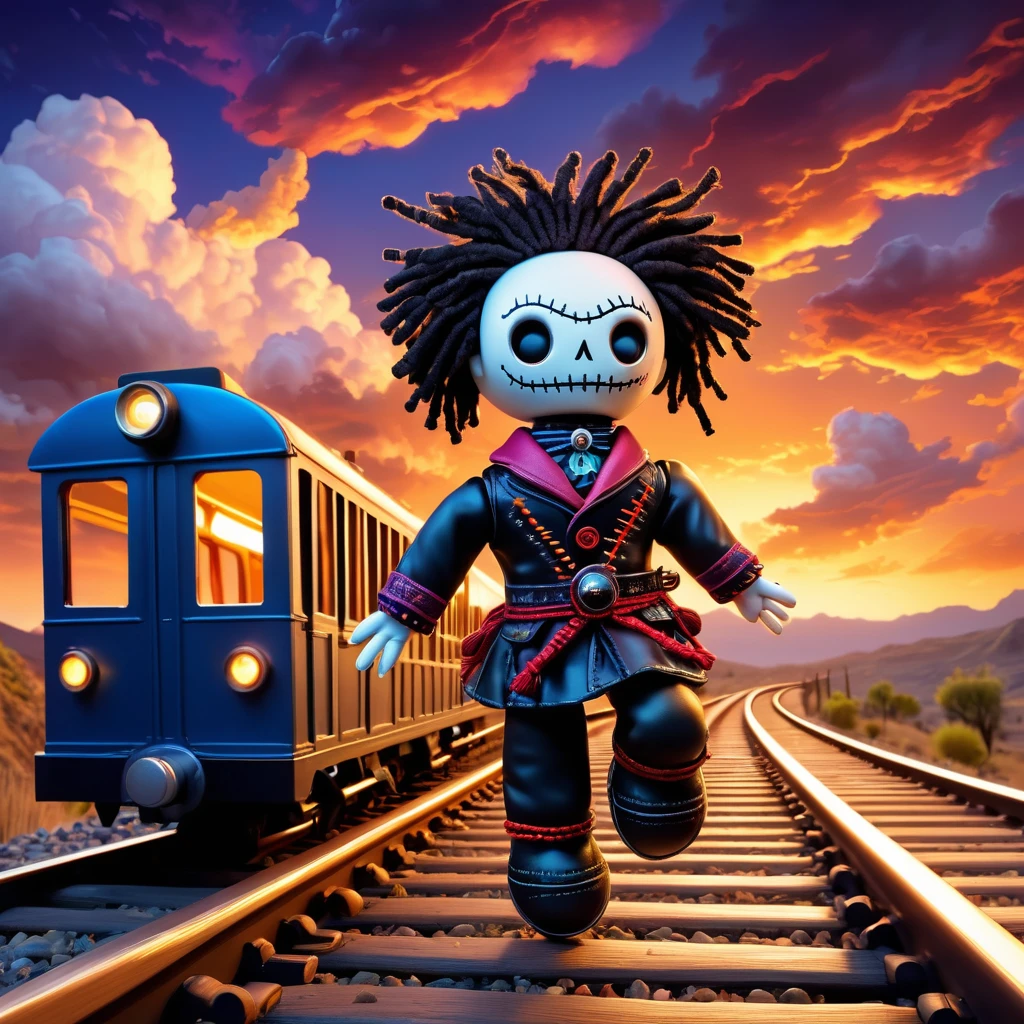(knitted toy voodoo doll:1.5), (Voodoo on Train Roof:1.3), (Clothing: adventurer attire:1.0), (Accessories: enchanted travel bag, glowing lantern:1.1), (background: speeding train with floating clouds, glowing landscape, and a sense of adventure:1.2), best quality, masterpiece, detailed soft oil painting, detailed background, dramatic cinematic lighting, soft edge lighting, professional, dramatic lighting, hard edge lighting, ultra quality, 4k,masterpiece, best quality, 8k, ultra highres, highres, extremely detailed