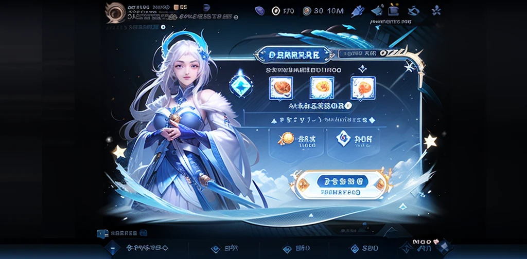 game interface, Activity, pop up, 1 Girl, Solitary, skirt, White hair, Button, closure, icon, Logo, Blue gradient, Star, Soft, HD, Beautifully
