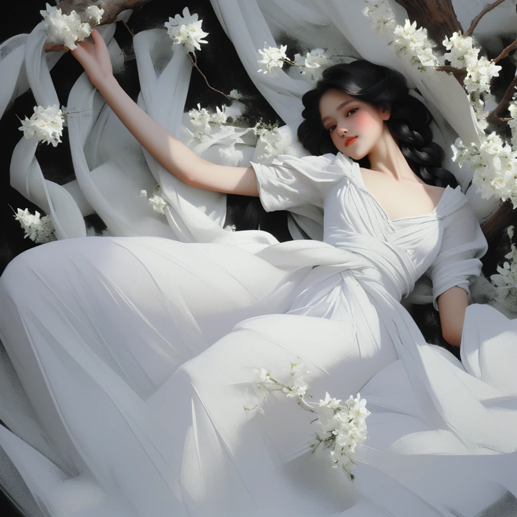 oil　Girl in a white dress　Lying on a tree　White small flowers　Long braids　Black Background