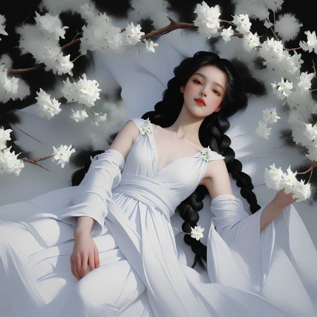 oil　Girl in a white dress　Lying on a tree　White small flowers　Long braids　Black Background