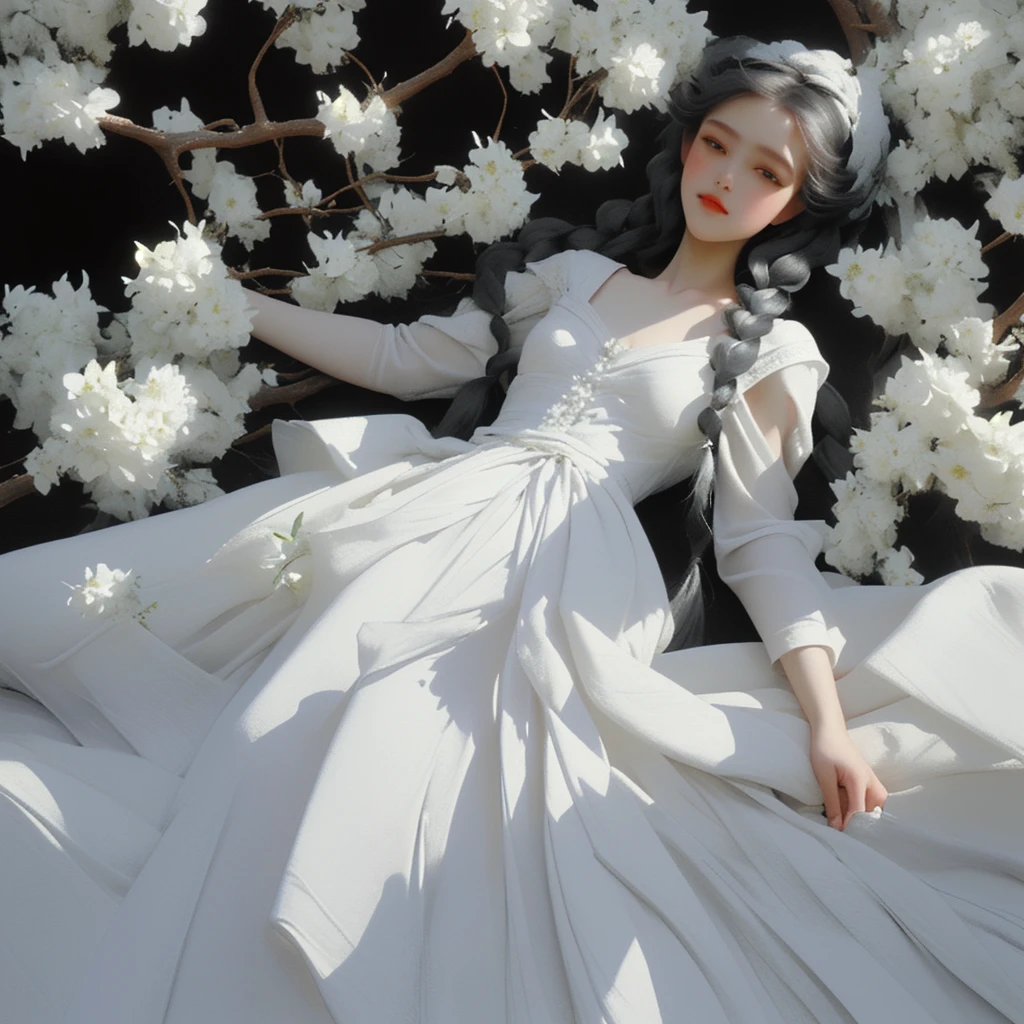 oil Girl in a white dress Lying on a tree White small flowers Long braids Black Background