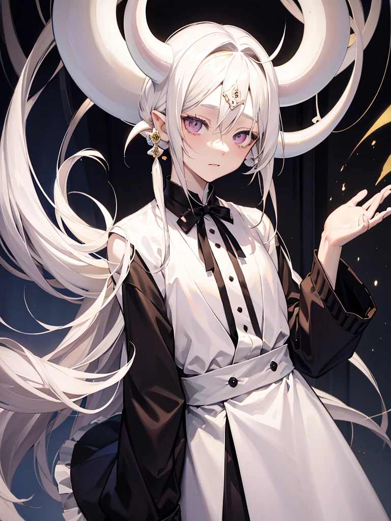 Dough Ötsutsuki. albino adult male. long white hair. pearl eyes. two small horns on the forehead. short left side fringe. are shirt. whole body. beautiful, friendly face 