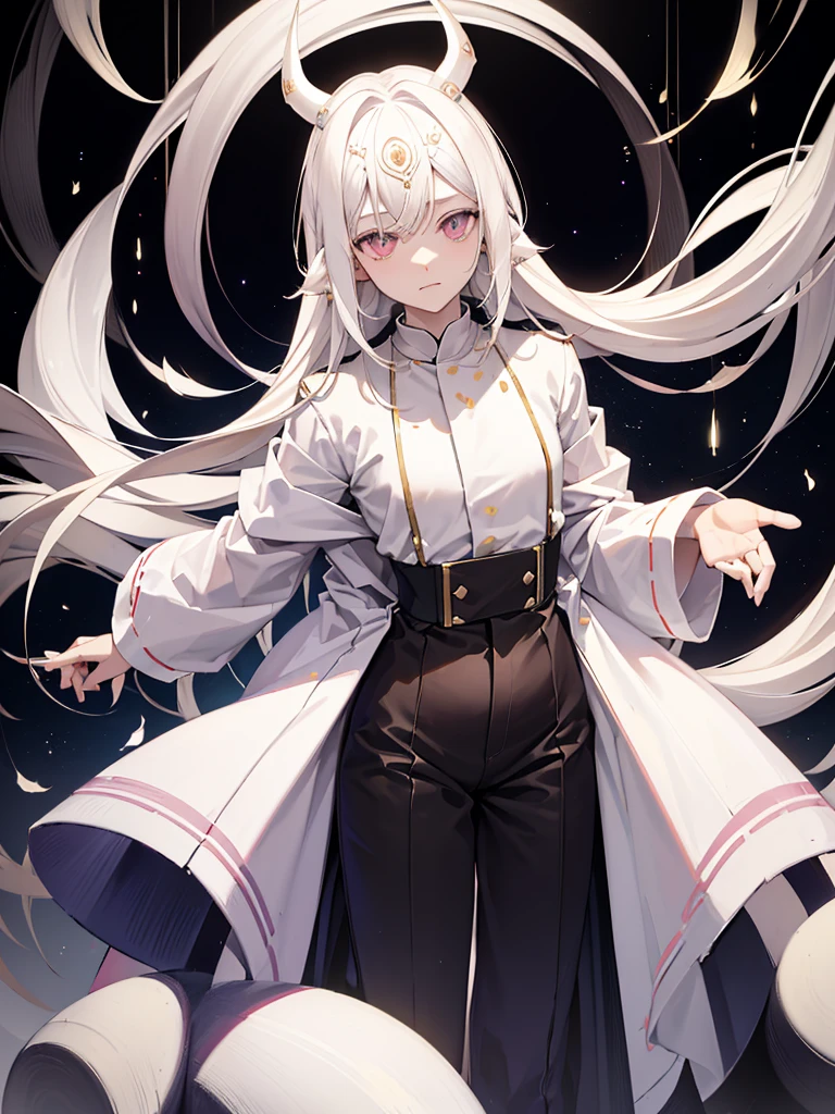 Dough Ötsutsuki. albino adult male. long white hair. pearl eyes. two small horns on the forehead. short left side fringe. are shirt. whole body. beautiful, friendly face