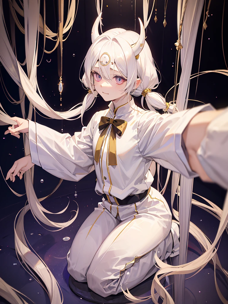 Dough Ötsutsuki. albino adult male. long white hair. pearl eyes. two small horns on the forehead. short left side fringe. are shirt. whole body. beautiful, friendly face 