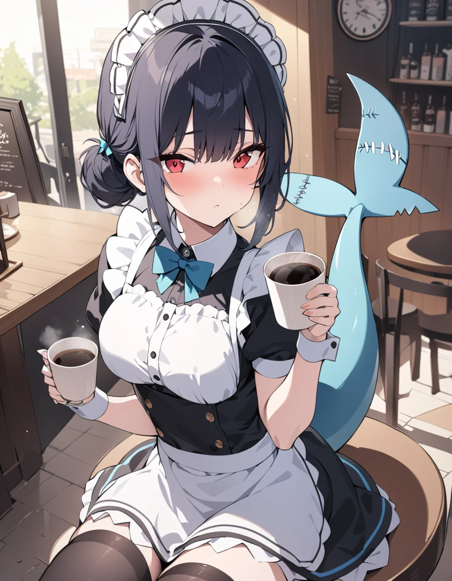 （masterpiece：1.2），Best quality，Very detailed, high resolution，Red eyes，Black short hair，Maid，sitting in café，Holding a cup of coffee，Cold，Black stockings，Shark Tail