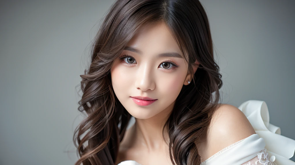(Detailed face),vivid,cute,(Breasts hidden TA)White formal dress,4K,Ultra-high resolution,(Photorealistic:1.7)Gray background,Long Hair,