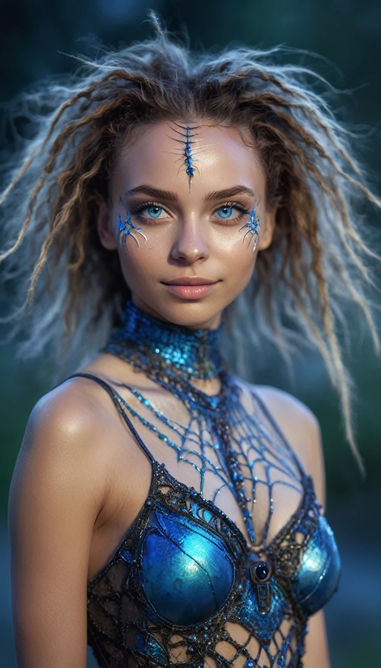 RAW, full body length,spidergirl of Chalsedoon,babygirl,native african,intricate details,realistic humid skin,extremely intricate,Epic Realistic, Romantic, cinematic style,irina yermolova, messy hair,luminous BLUE eyes,extremely detailed, (CLOTHES ARE DIFFERENT COLORS YOU CHOSE), [night landscape],masterpiece,intricate details,faded,eyes extremely detailed, high detailed BLUE eyes,CUTE SMILE, 4k resolution,RAW, Nikon Z9,photosnap in action,nudity