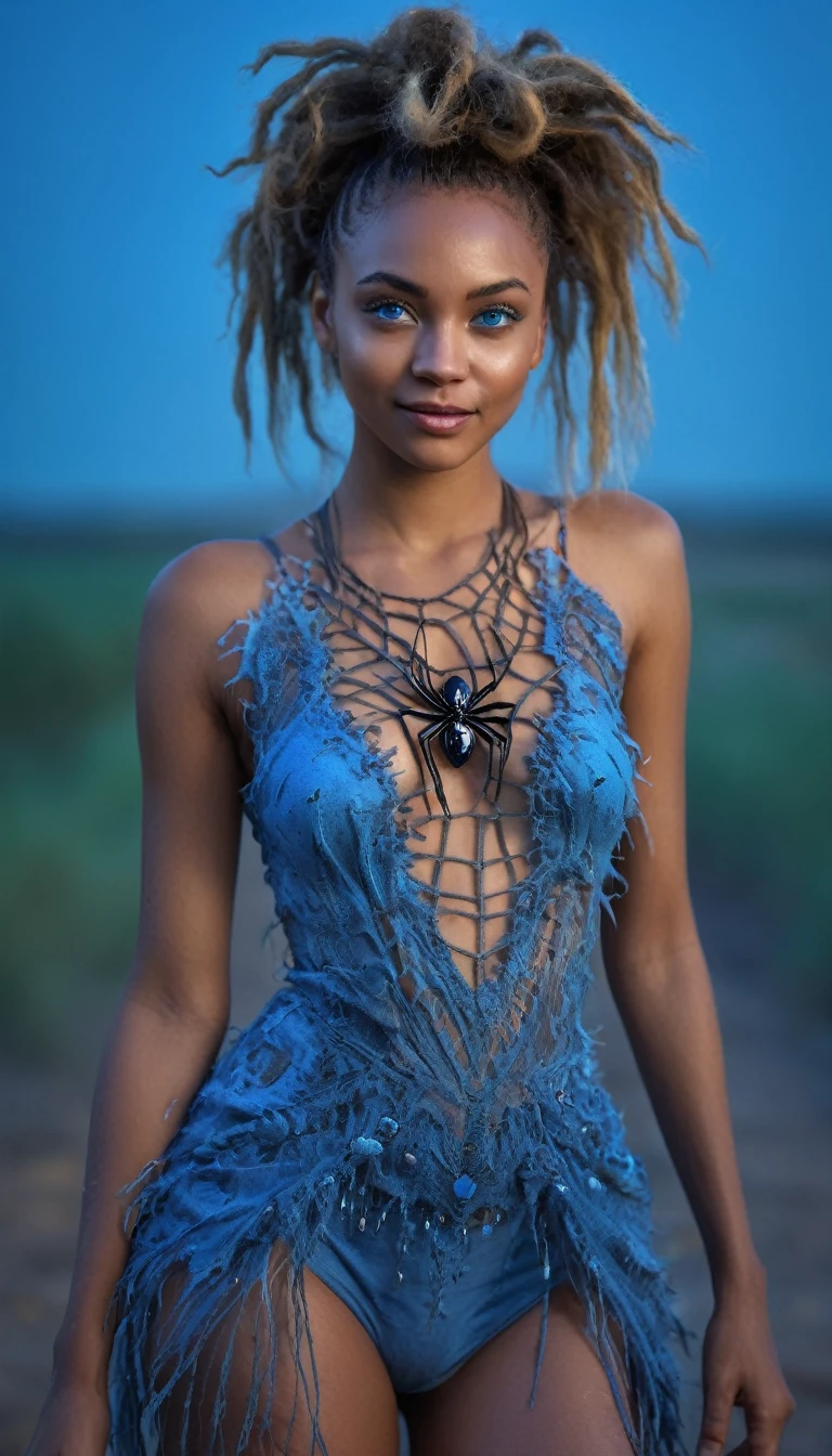 RAW, full body length,spidergirl of Chalsedoon,babygirl,native african,intricate details,realistic humid skin,extremely intricate,Epic Realistic, Romantic, cinematic style,irina yermolova, messy hair,luminous BLUE eyes,extremely detailed, (CLOTHES ARE DIFFERENT COLORS YOU CHOSE), [night landscape],masterpiece,intricate details,faded,eyes extremely detailed, high detailed BLUE eyes,CUTE SMILE, 4k resolution,RAW, Nikon Z9,photosnap in action,nudity