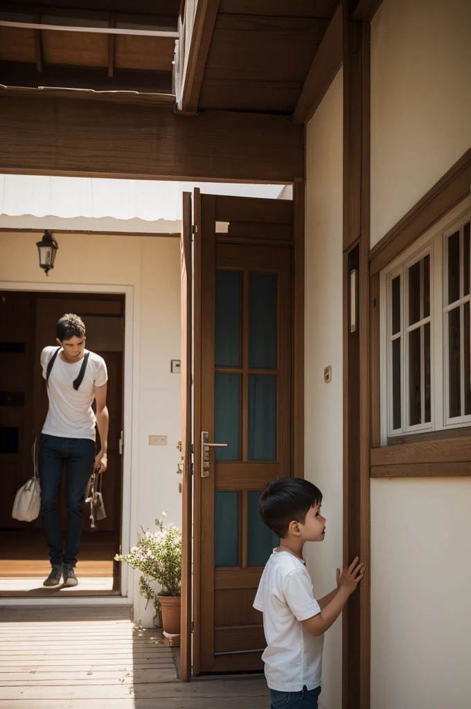 Create an image where the mother is going somewhere and her son is saying goodbye inside the house 