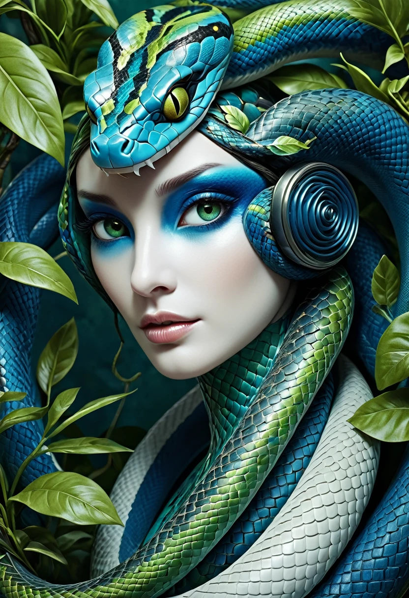 Mechanical snake head,lifelike,Anthropomorphic snakes,Character setting,Ultra-detailed graphics,Delicate face,8K,magazine cover,Floral background decoration,Strong color contrast,Darker color,Blue, green and white