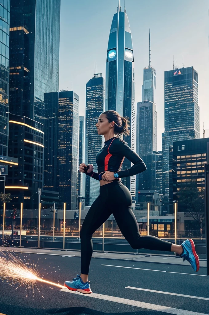 Generate an image of a person running in a marathon while simultaneously using their laptop. The runner is wearing a determined expression and a futuristic smartwatch on their wrist. The laptop is somehow magically hovering in front of them, with code streaming across the screen. The background is a blurred cityscape with tall skyscrapers and a bright blue sky. The runner's shoes are leaving behind a trail of sparks, symbolizing innovation and productivity. The image should be futuristic, dynamic, and humorous, with a hint of sci-fi elements."