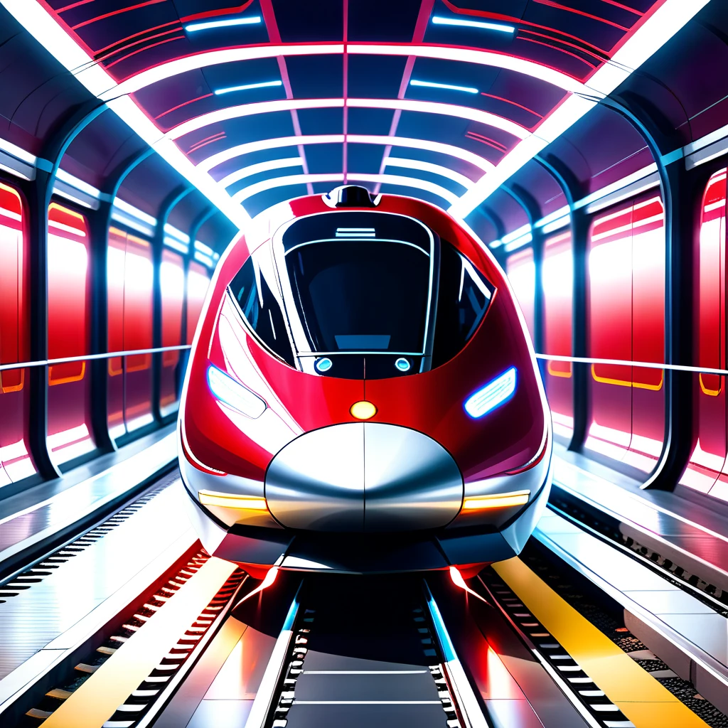 A high-speed levitating train in a futuristic setting, illuminated by crimson red and chrome neon lights --style raw --ar 3:2