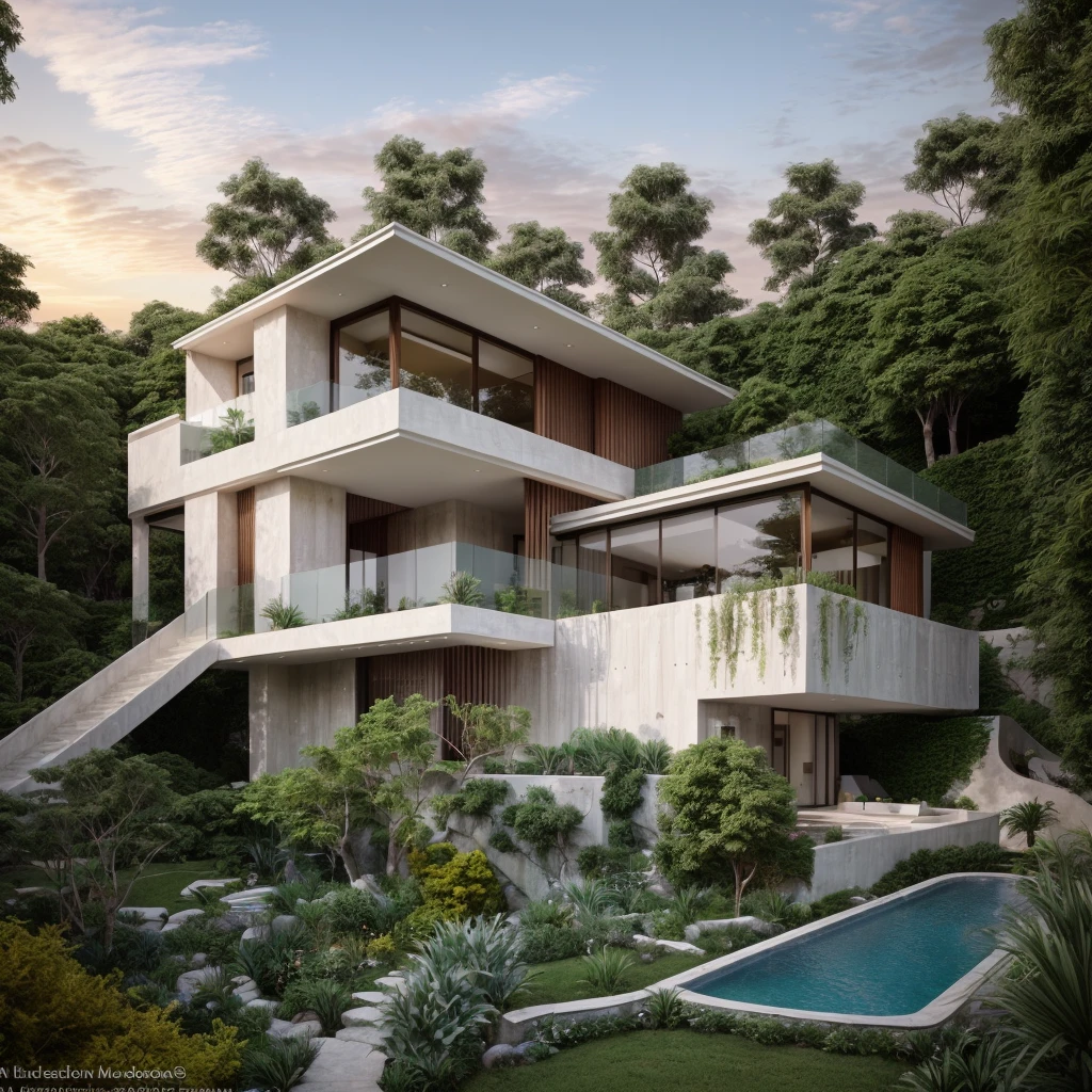 Raw photo, Masterpiece, high quality, best quality, authentic, super detail, MODERN HOUSE is located on the upper hill, (curly pathway in front of the house), white wall, concrete, glass windows, curtain wall, wood ceiling, ((small swimming pool under the house)), ((big front yard)), court outside, SUNSET