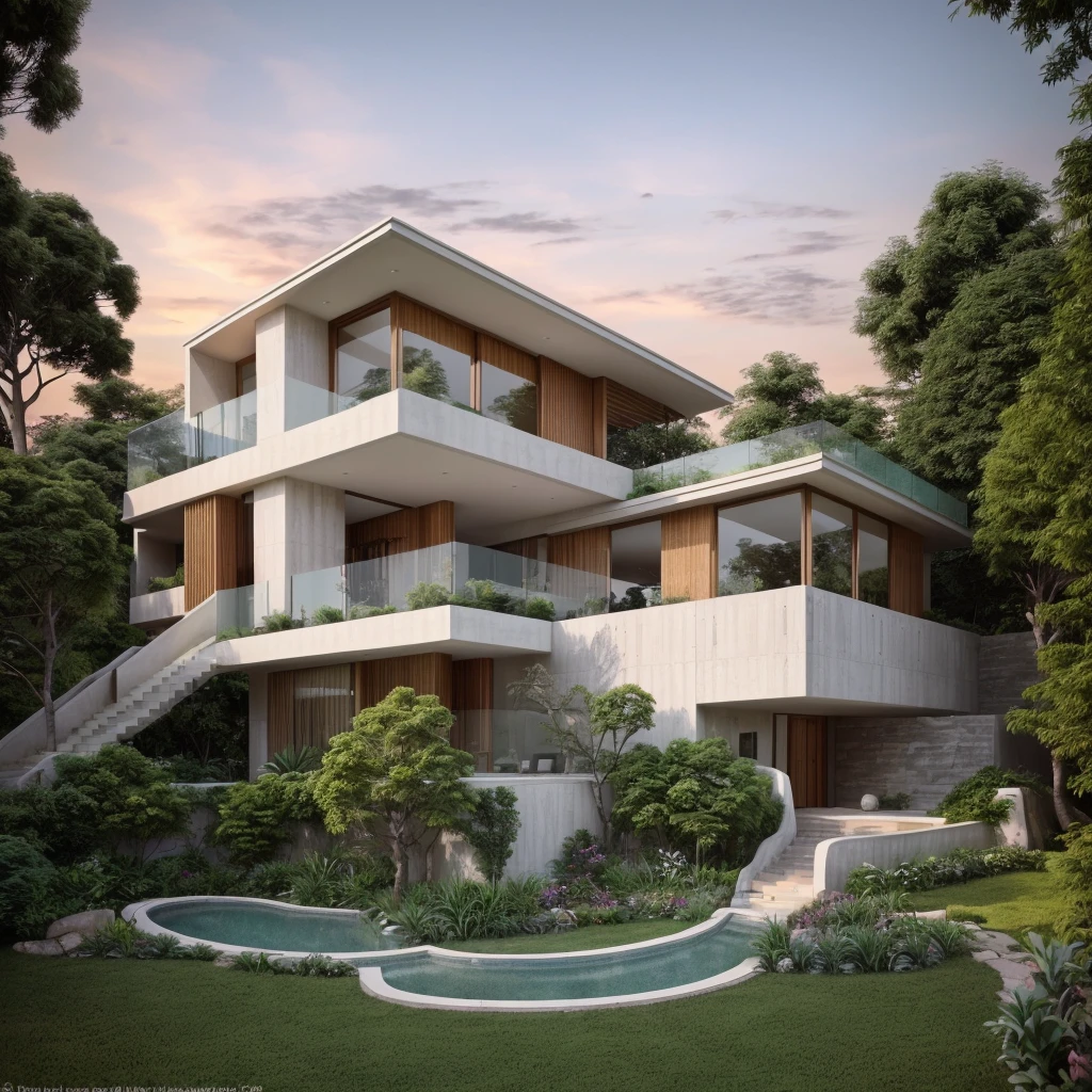 Raw photo, Masterpiece, high quality, best quality, authentic, super detail, MODERN HOUSE is located on the upper hill, (curly pathway in front of the house), white wall, concrete, glass windows, curtain wall, wood ceiling, ((small swimming pool under the house)), ((big front yard)), court outside, SUNSET