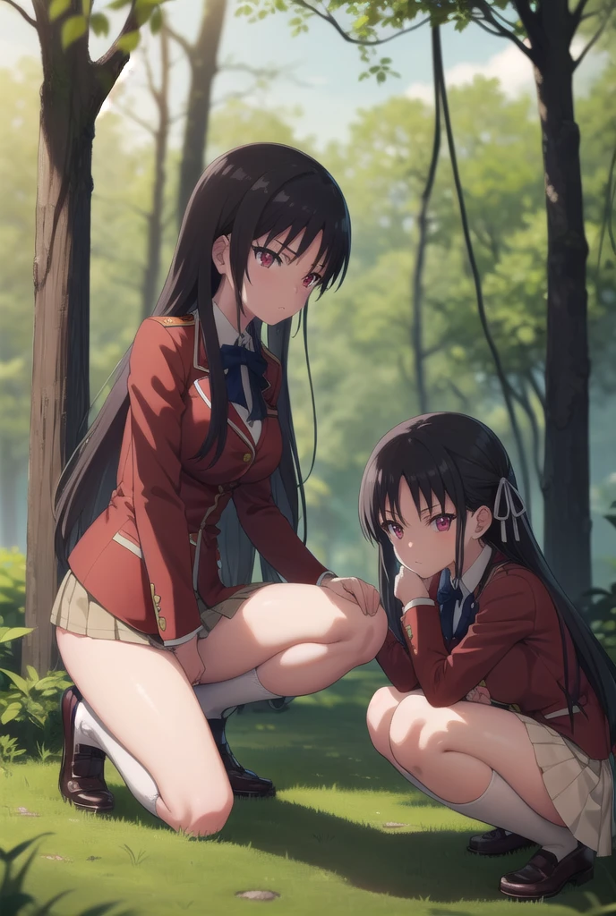 (2girls, 1 girl is inoue takina, 1 girl is nishikigi Chisato, ), (( ffm threesome, )), (looking at viewer), (floating hair, ), lying on grasses