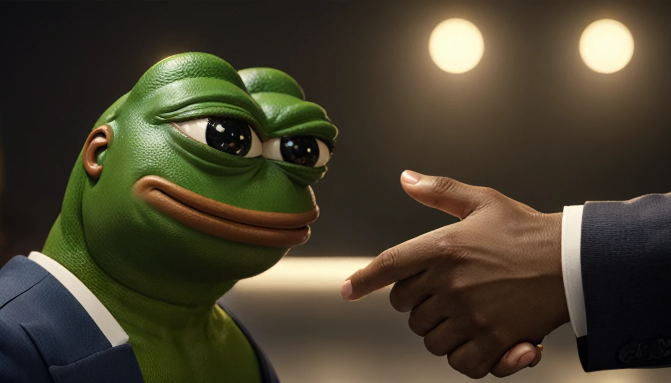 pepe the frog,frog humanoid character,shaking hands,business partner,detailed facial features,highly detailed,photorealistic,8k,hyper detailed,award winning lighting,cinematic lighting,dramatic lighting,incredible hyperrealistic details,exquisite detailed texture,highly realistic,meticulously detailed,sophisticated texturing,natural skin tones,vivid colors,seamlessly blended,award winning3D rendering,professional3D illustration,stunning realism,masterpiece