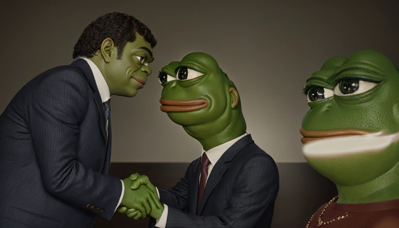 pepe the frog,frog humanoid character,shaking hands,business partner,detailed facial features,highly detailed,photorealistic,8k,hyper detailed,award winning lighting,cinematic lighting,dramatic lighting,incredible hyperrealistic details,exquisite detailed texture,highly realistic,meticulously detailed,sophisticated texturing,natural skin tones,vivid colors,seamlessly blended,award winning3D rendering,professional3D illustration,stunning realism,masterpiece