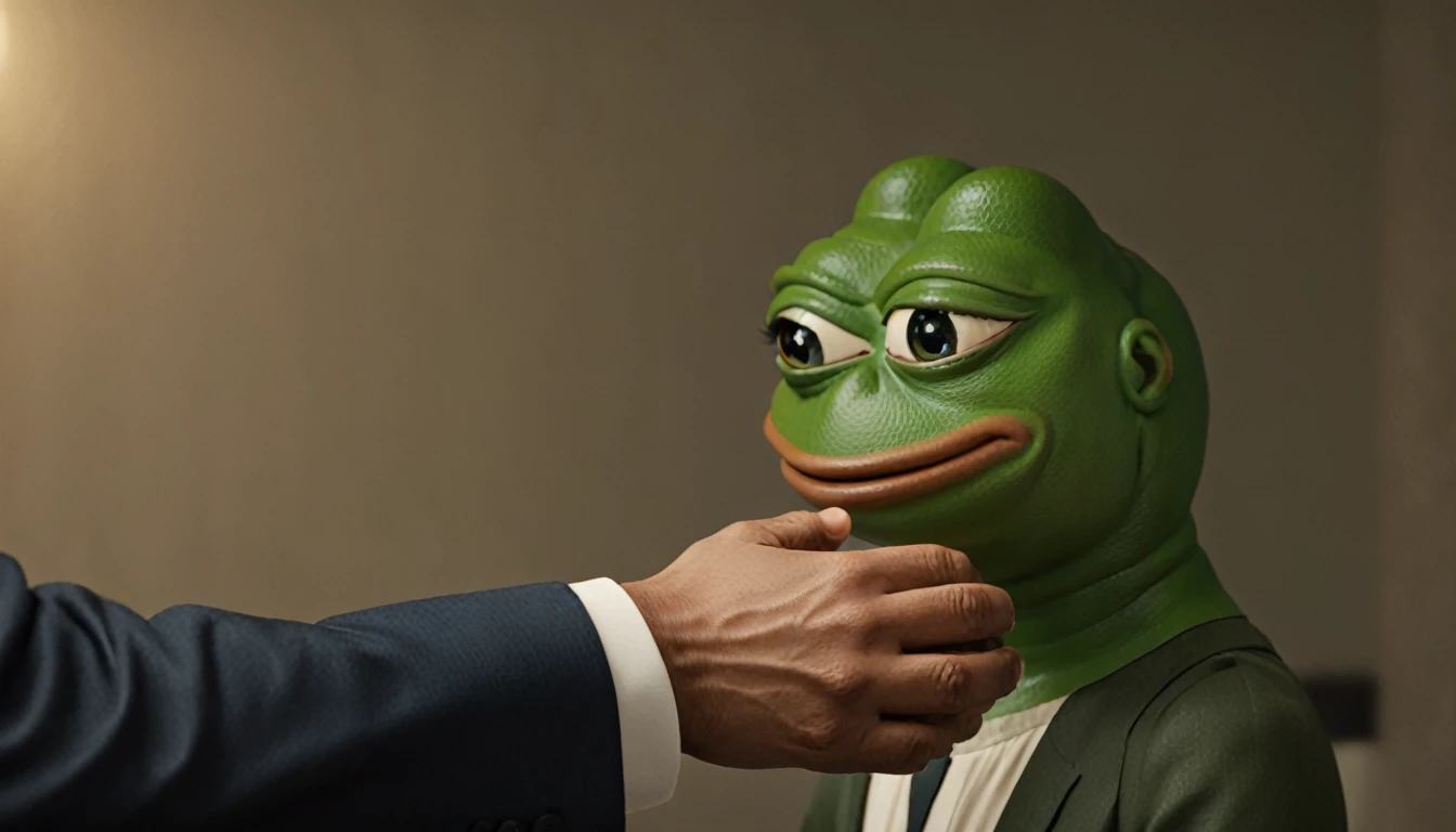 pepe the frog,frog humanoid character,shaking hands,business partner,detailed facial features,highly detailed,photorealistic,8k,hyper detailed,award winning lighting,cinematic lighting,dramatic lighting,incredible hyperrealistic details,exquisite detailed texture,highly realistic,meticulously detailed,sophisticated texturing,natural skin tones,vivid colors,seamlessly blended,award winning3D rendering,professional3D illustration,stunning realism,masterpiece