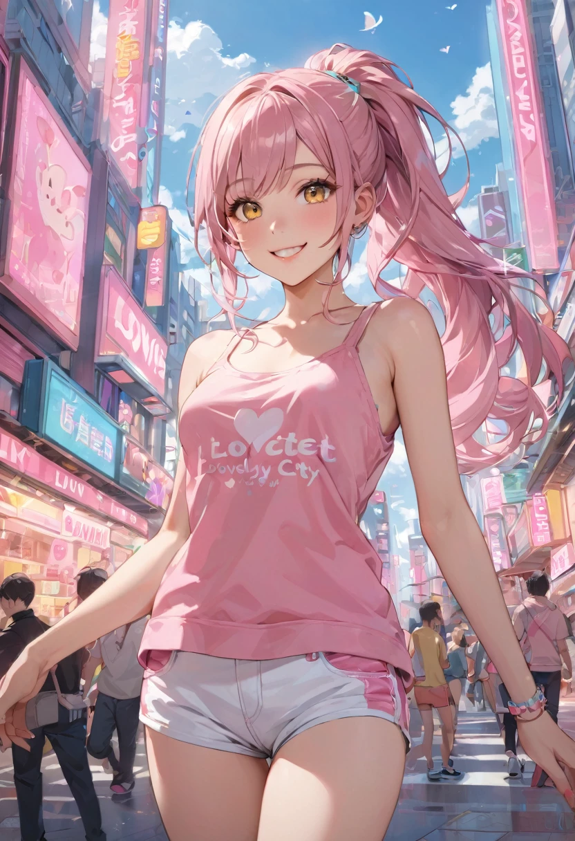 (pink style) (in a cute Tank top, Hot pants), (solo:2, 15 yo, ponytail pink hair long hair lovely girl, cute yellow eyes, love smile, medium tits), in the pop city, BREAK, perfect anatomy, masterpiece, best quality, 16k, beautiful detailed grow, daydreaming expression.