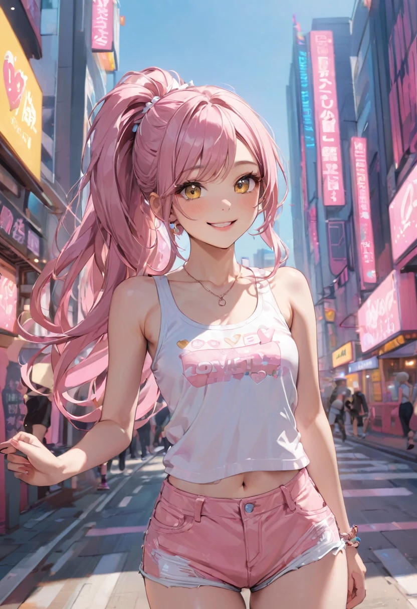 (pink style) (in a cute Tank top, Hot pants), (solo:2, 15 yo, ponytail pink hair long hair lovely girl, cute yellow eyes, love smile, medium tits), in the pop city, BREAK, perfect anatomy, masterpiece, best quality, 16k, beautiful detailed grow, daydreaming expression.