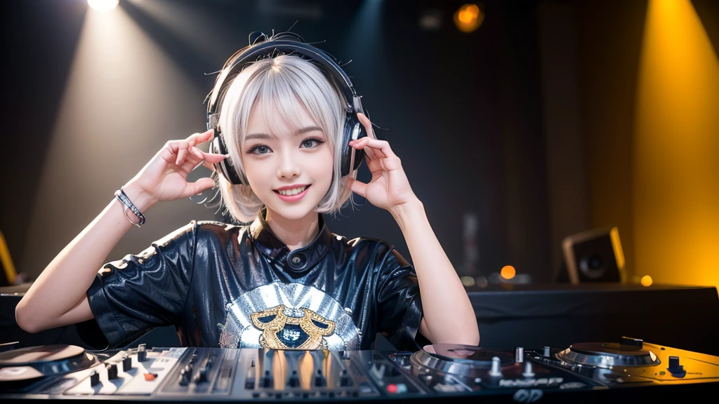 (ultra - detailed, 16K resolution, Cinema lenses, rendering by octane), (high resolution:1.18), intricate detail, (masterpiece:1.1), (highest quality:1.1), (1girl, portrait, white hair, blue eyes, short hair, detailed eyes),Wearing silver DJ headphones, sequined T-shirt, (in the beach:1.5), (Iconic hip-hop pop costumes:1.3), Smile while DJing on stage, DJ studio next to the beach, ((A stylish DJ stage on a hill overlooking the beach)), full body shot, Photorealistic photography by Sunshine, (cute round face:1.3), perfect fingers, five fingers, beautiful hands, perfect hands. master peace, cute smile, Fixhand.