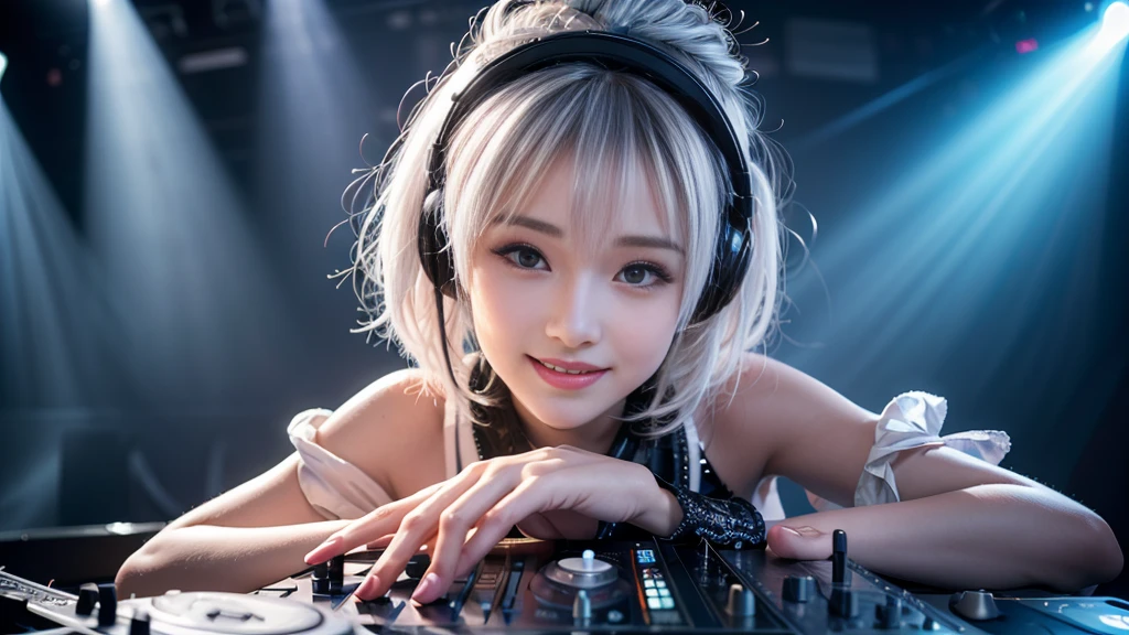 (ultra - detailed, 16K resolution, Cinema lenses, rendering by octane), (high resolution:1.18), intricate detail, (masterpiece:1.1), (highest quality:1.1), (1girl, portrait, white hair, blue eyes, short hair, detailed eyes),Wearing silver DJ headphones, Shiny silver sequined T-shirt, (Iconic hip-hop pop costumes:1.3), Smile while DJing on stage, full body shot of, The spotlight shines on the female DJ. Photorealistic photography by Disco Lighting, (cute round face:1.3), perfect fingers, five fingers, beautiful hands, perfect hands. master peace, cute smile.