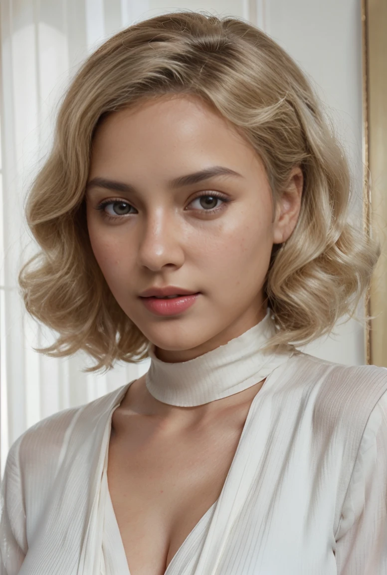 A digital painting or illustration of a woman with classic Hollywood glamour. She is portrayed with platinum blonde curls, bright blue eyes, striking red lipstick, and an elegant white blouse with a high neck scarf, evoking a sense of vintage fashion and timeless beauty. The artistic elements include a smooth complexion, soft lighting, and subtle shading that contribute to the overall polished and serene aesthetic.