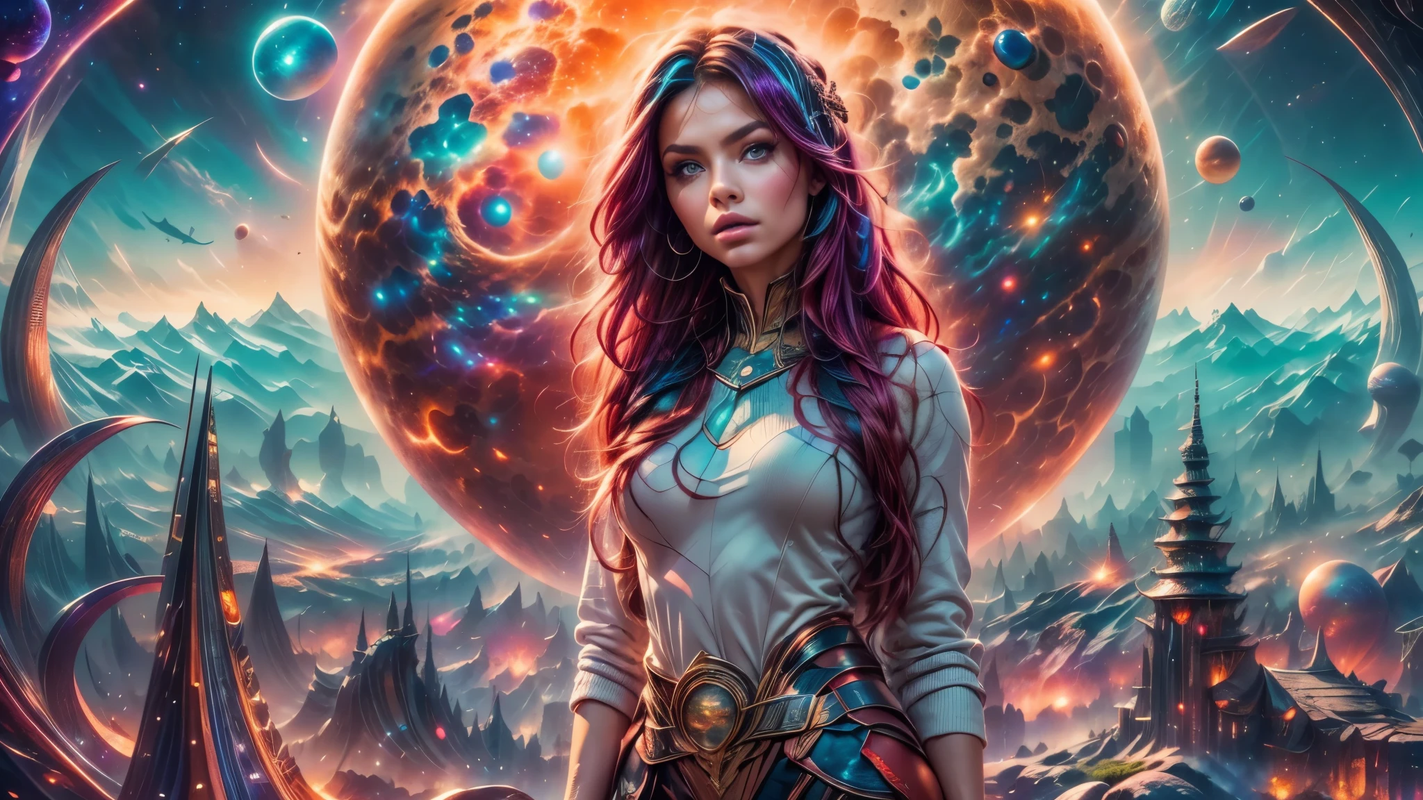 there is a woman standing in front of a painting of a planet, futuristic city in background, psytrance artwork, interconnected human lifeforms, panoramic view of girl, progressive rock album cover, dream of the endless, star dust, galaxy, stoner rock --ar 16:9 --v 5.1