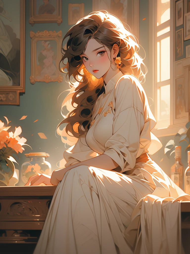 painting of a woman sitting on a bed in a room with flowers, by Yanjun Cheng, alphonse mucha and craig mullins, james jean and wlop, craig mullins alphonse mucha, by james jean, by James Jean, beeple and alphonse mucha, by Ross Tran, by Raymond Han, james jean & alphonse mucha, by Bayard Wu