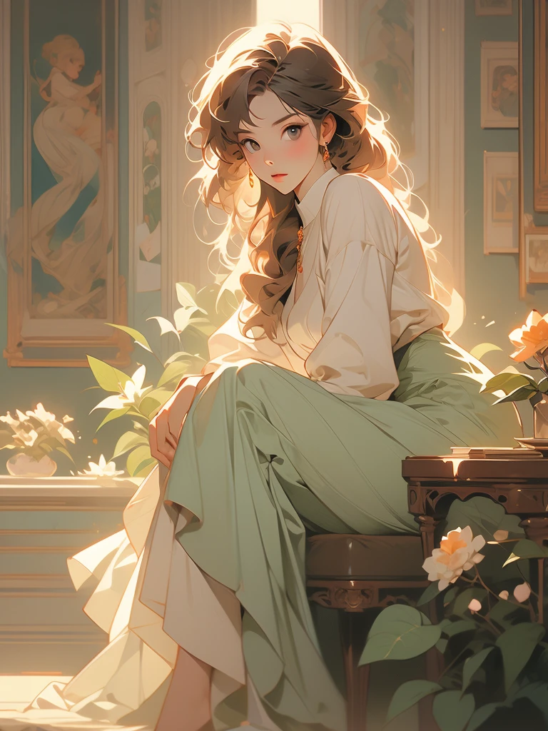 painting of a woman sitting on a bed in a room with flowers, by Yanjun Cheng, alphonse mucha and craig mullins, james jean and wlop, craig mullins alphonse mucha, by james jean, by James Jean, beeple and alphonse mucha, by Ross Tran, by Raymond Han, james jean & alphonse mucha, by Bayard Wu