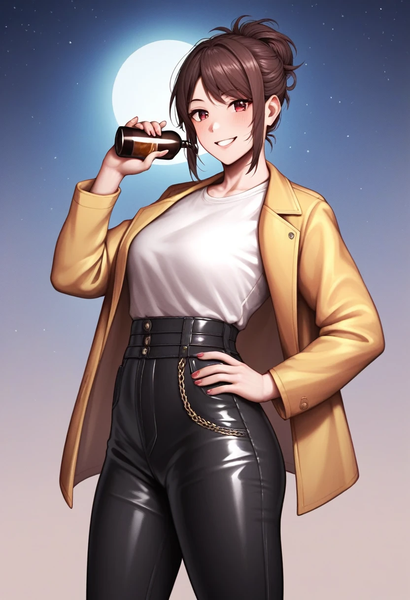 ((adult)), (woman), ((tall)), Elena From Library of ruina, masterpiece, best quality, dark aura, brown hair, ((updo hair)), (messy hair) ,dark red eyes, plain white shirt, Yellow coat, black pants, ((leather waist pack)), (faint smile), realistic anime style, oil painting, slums background, night.