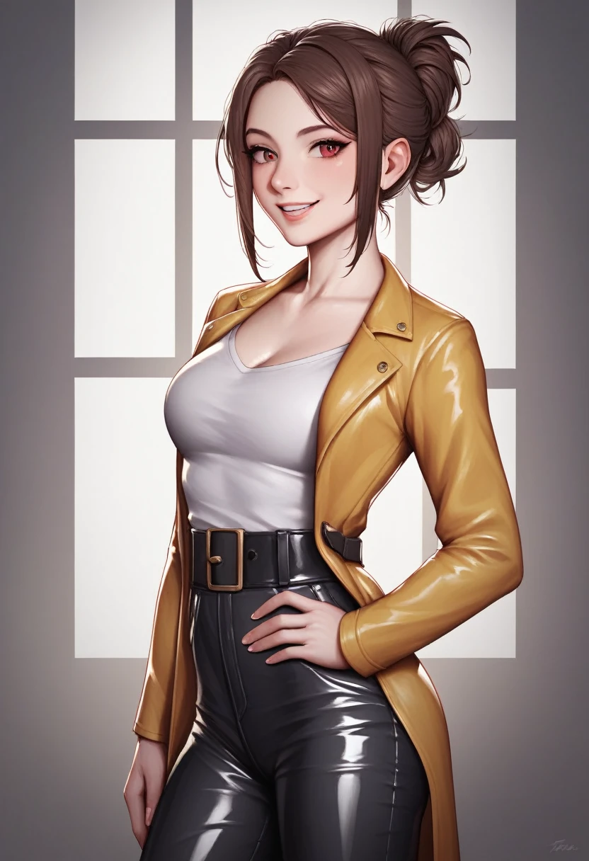 ((adult)), (woman), ((tall)), Elena From Library of ruina, masterpiece, best quality, dark aura, brown hair, ((updo hair)), (messy hair) ,dark red eyes, plain white shirt, Yellow coat, black pants, ((leather waist pack)), (faint smile), realistic anime style, oil painting, slums background, night.
