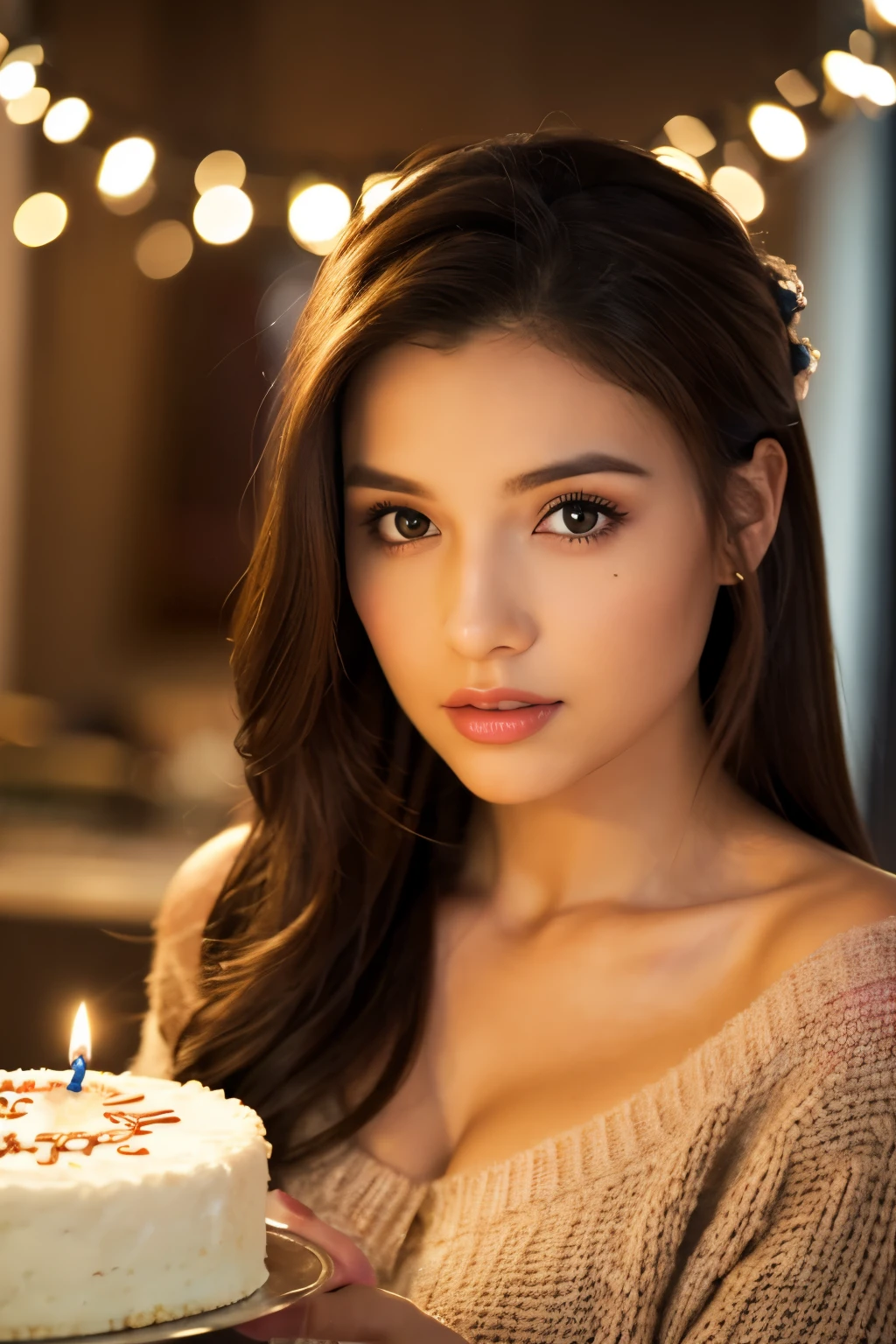 (((medium full shot))), (best quality, ultra-detailed:1.3), (nice hands, perfect hands), official art, cinematic light, (1girl:1.3), adulthot girl, solo, happy birthday Tatiana, birthday cake, long hair, looking at viewer, brown hair, holding, cleavage, brown eyes, parted lips, food, indoors, off shoulder, blurry, sweater, lips, window, blurry background, cake, realistic, nose, candle, sweater