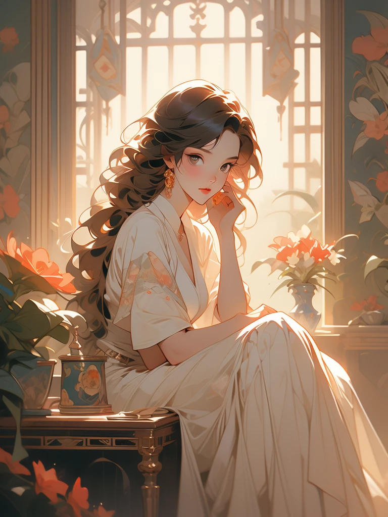 painting of a woman sitting on a bed in a room with flowers, by Yanjun Cheng, alphonse mucha and craig mullins, james jean and wlop, craig mullins alphonse mucha, by james jean, by James Jean, beeple and alphonse mucha, by Ross Tran, by Raymond Han, james jean & alphonse mucha, by Bayard Wu