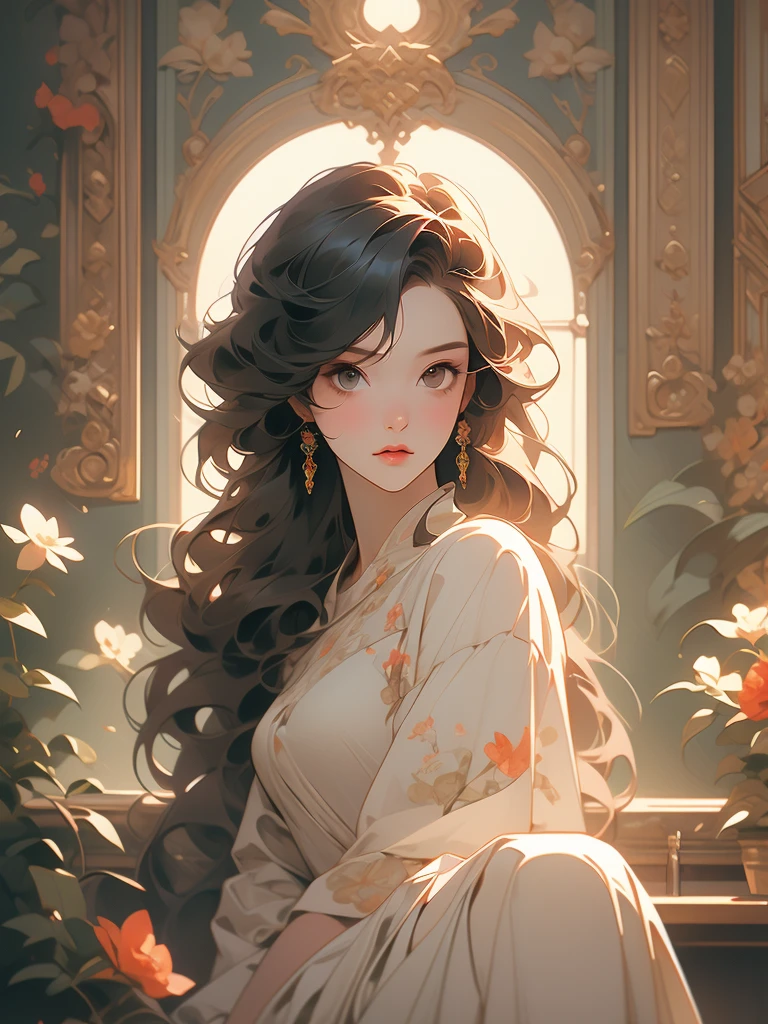 painting of a woman sitting on a bed in a room with flowers, a fine art painting by Yanjun Cheng, trending on cgsociety, fantasy art, alphonse mucha and craig mullins, james jean and wlop, craig mullins alphonse mucha, by james jean, beeple and alphonse mucha, james jean & alphonse mucha