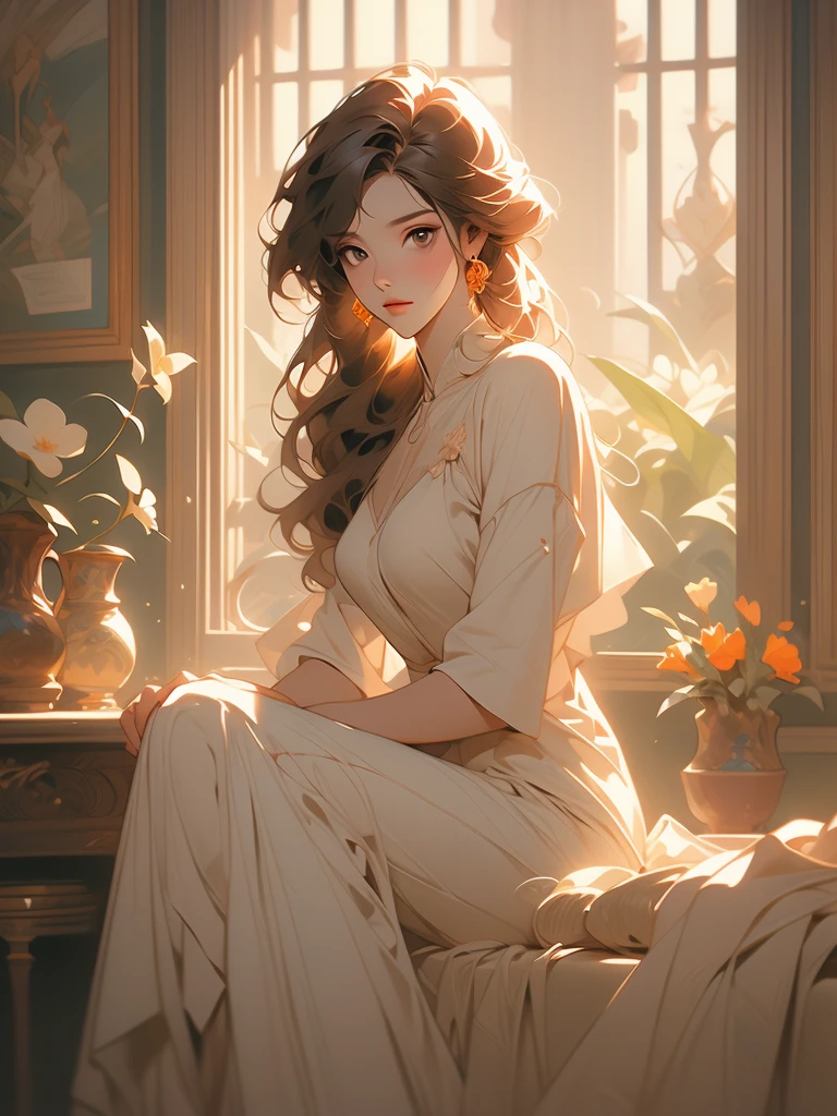 painting of a woman sitting on a bed in a room with flowers, a fine art painting by Yanjun Cheng, trending on cgsociety, fantasy art, alphonse mucha and craig mullins, james jean and wlop, craig mullins alphonse mucha, by james jean, beeple and alphonse mucha, james jean & alphonse mucha