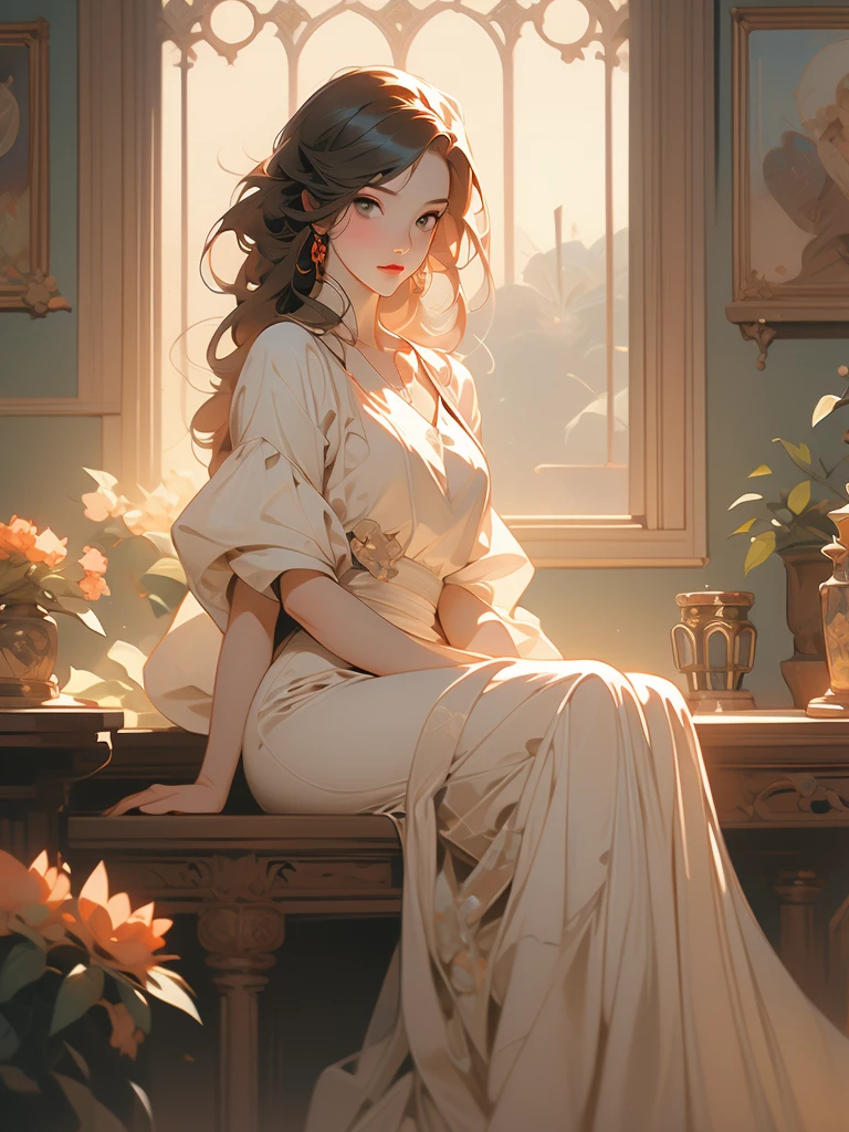 painting of a woman sitting on a bed in a room with flowers, a fine art painting by Yanjun Cheng, trending on cgsociety, fantasy art, alphonse mucha and craig mullins, james jean and wlop, craig mullins alphonse mucha, by james jean, beeple and alphonse mucha, james jean & alphonse mucha