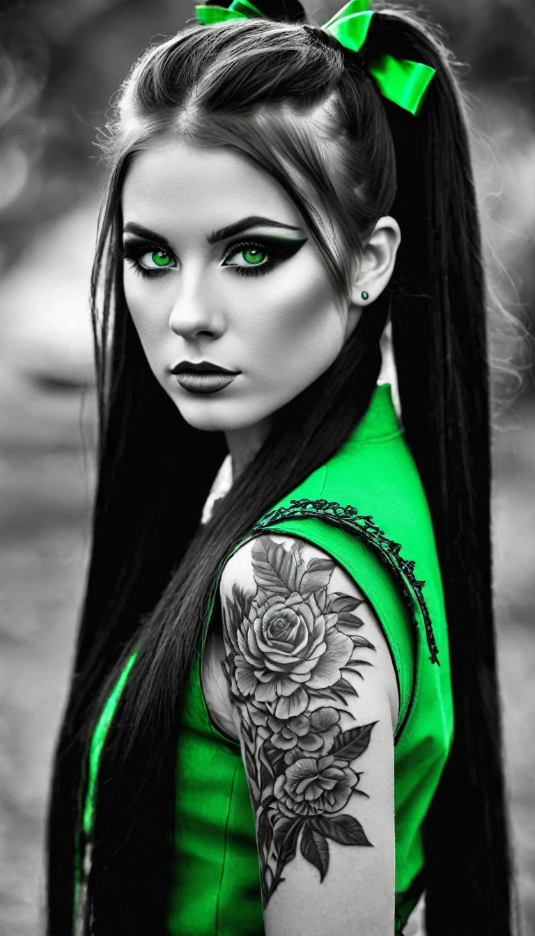 ((Monochrome, monochromeXL:1.4), Photo noire et vert), Sublime femme 30ans avec deux très longues queues de cheval de chaque côté, double queues de cheval, double twin ponytails, twin tails,(sur le bras un sublime tatouage représente un animal fantastique ayant deux queues), Lèvres détaillées, Yeux détaillés, regard intense, cils détaillés, visage détaillé, long cheveux vert foncé, visage de séduction, ((maquillage vert)), ((((sur le bras un tatouage fin représentant un animal fantastique avec deux queues : 1.5 )))), photo du milieu du corps, ((porte un costume)),(( photo noir et blanc et vert, only black and white and green photo)), (((photo noir et blanc et vert, only black and white and dark green photo, le maquillage et les cheveux, b/w, B&W,long twin ponytails)))