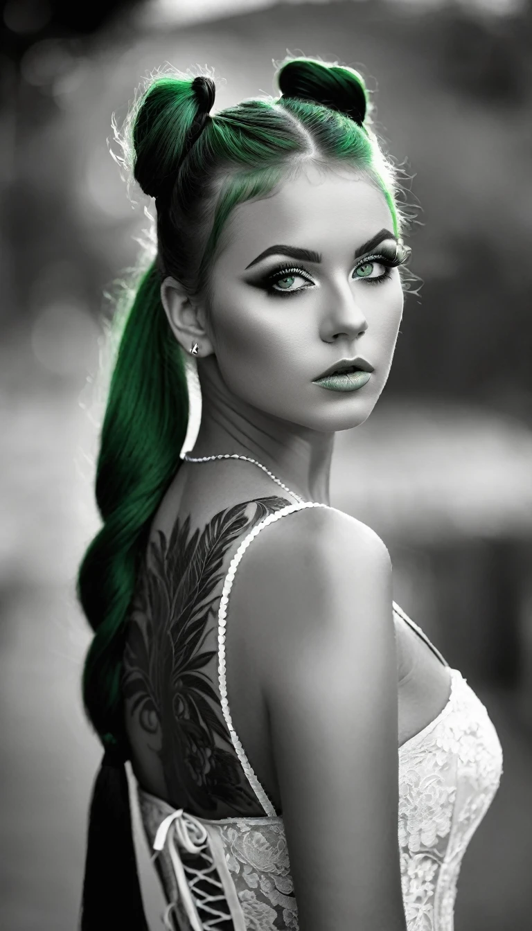 ((Monochrome, monochromeXL:1.4), Photo noire et vert), Sublime femme 30ans avec deux très longues queues de cheval de chaque côté, double queues de cheval, double twin ponytails, twin tails,(sur le bras un sublime tatouage représente un animal fantastique ayant deux queues), Lèvres détaillées, Yeux détaillés, regard intense, cils détaillés, visage détaillé, long cheveux vert foncé, visage de séduction, ((maquillage vert)), ((((sur le bras un tatouage fin représentant un animal fantastique avec deux queues : 1.5 )))), photo du milieu du corps, ((porte un costume)),(( photo noir et blanc et vert, only black and white and green photo)), (((photo noir et blanc et vert, only black and white and dark green photo, le maquillage et les cheveux, b/w, B&W,long twin ponytails)))